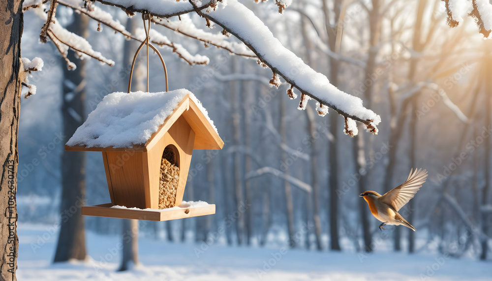 Wooden bird feeder covered with snow hanging on tree branch in winter scenery