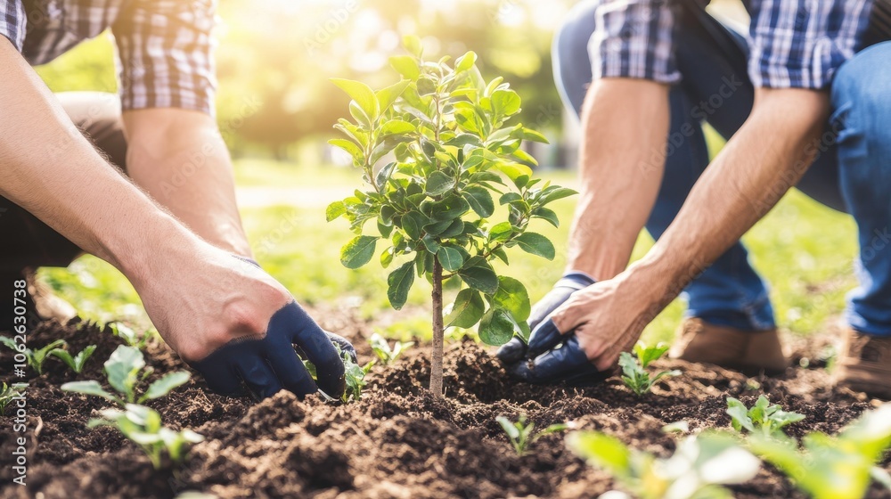 Fototapeta premium Planting a young tree in a garden setting.