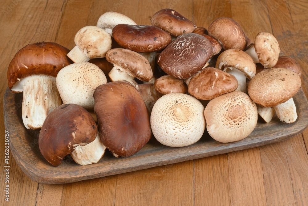 Assorted Mushrooms Piled on Wooden Platter Assorted Mushrooms Piled on Wooden Platter
