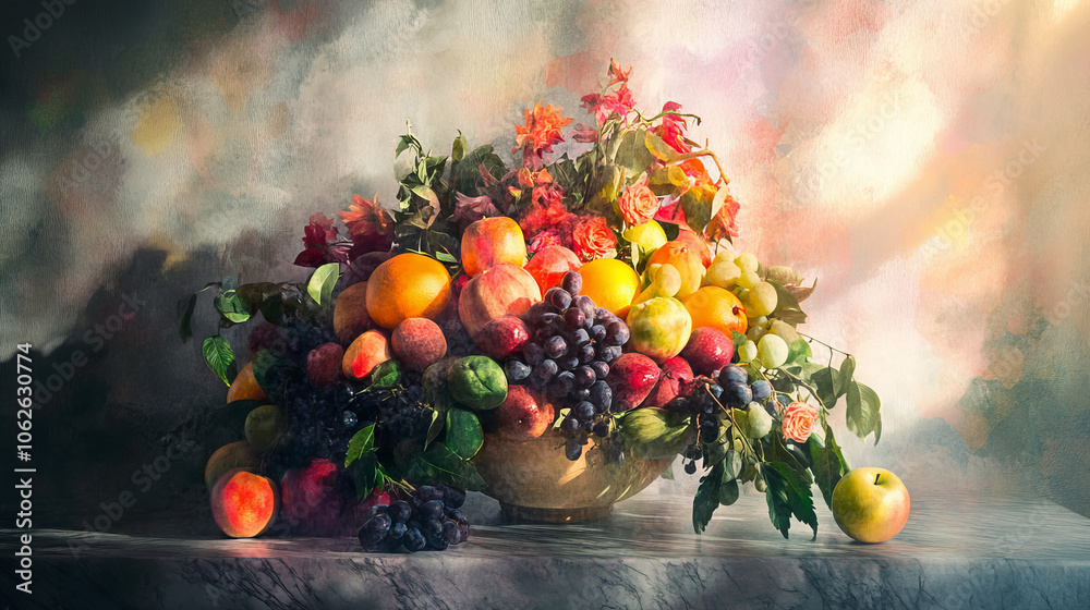 Vibrant Fruit Still Life Painting: Peaches, Grapes, and Oranges in a Bowl Vibrant Fruit Still Life Painting: Peaches, Grapes, and Oranges in a Bowl
