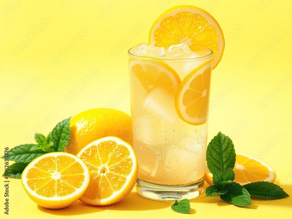 A glass of ice-cold lemonade with sliced lemons and mint leaves, placed on a bright yellow background, citrus, cool, summer A glass of ice-cold lemonade with sliced lemons and mint leaves, placed on a bright yellow background, citrus, cool, summer