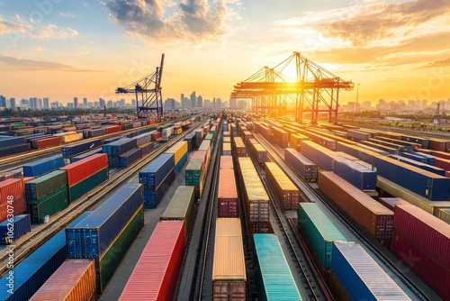 Sunset Over Modern Freight Yard Landscape