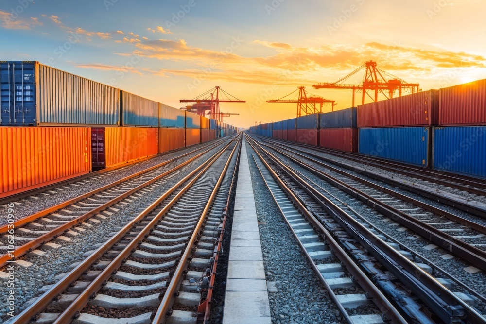 Shipping Containers on Rail Tracks at Sunset Shipping Containers on Rail Tracks at Sunset