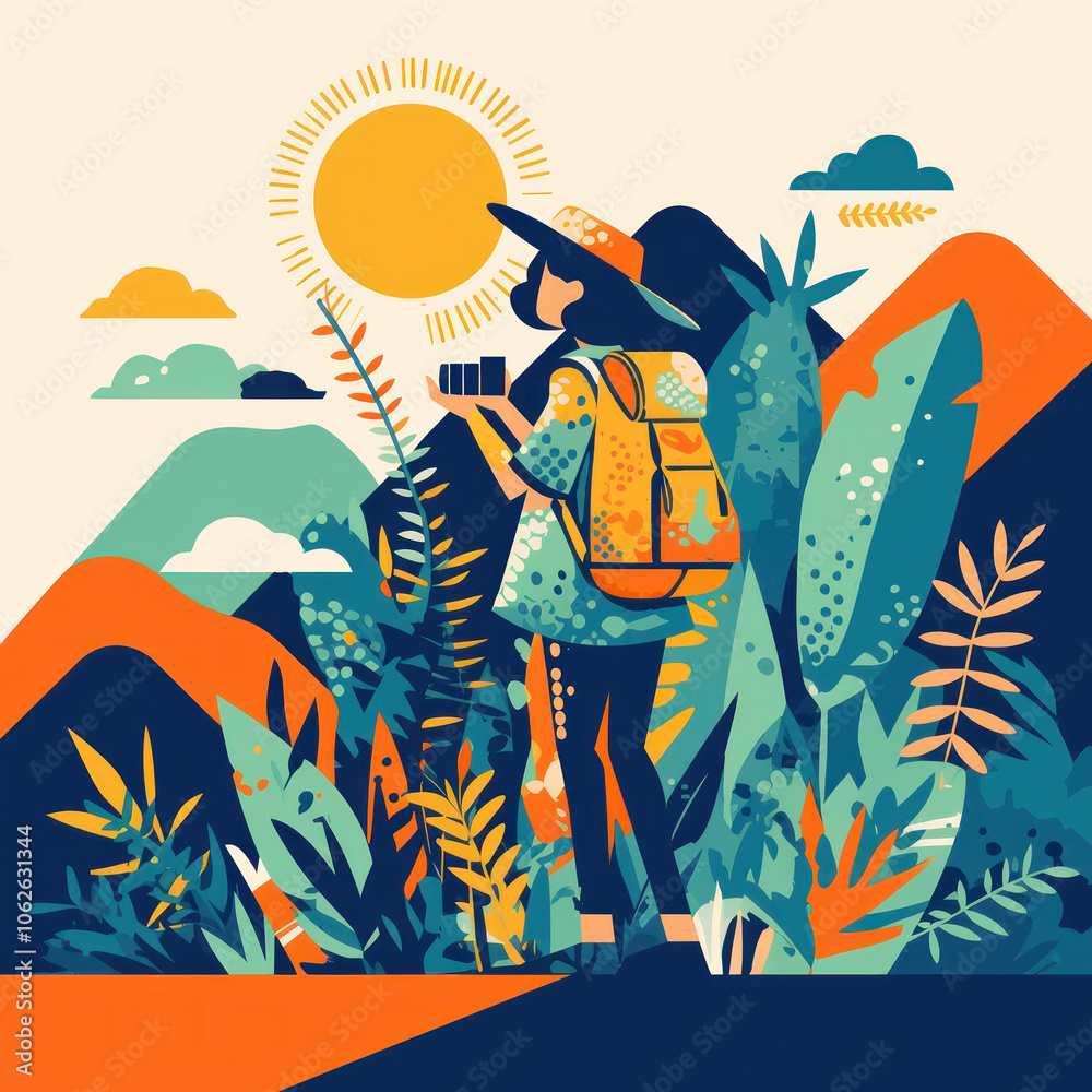 Woman with Backpack in a Jungle Illustration Woman with Backpack in a Jungle Illustration