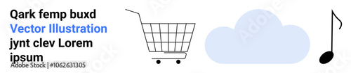 Shopping cart, cloud, and music note icons in a clean design. Ideal for technology, e-commerce, cloud computing, online shopping, and digital music services. Banner for landing page