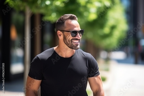 Portrait of a handsome young man in black shirt and sunglasses smiling