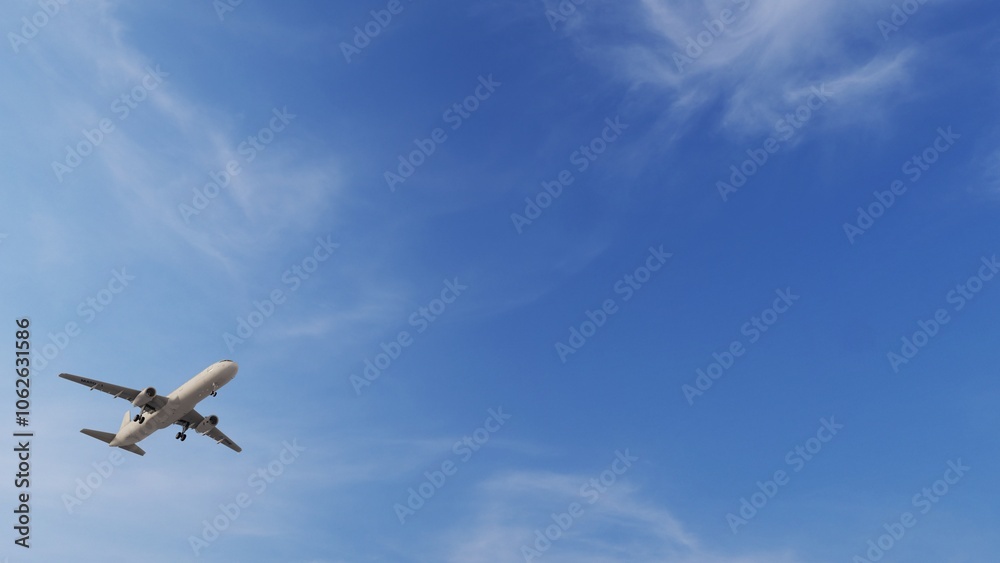 Fototapeta premium ULTRA HD. Airplane flies in blue sky. Travel. Airplane takes off against the background of blue sky. 