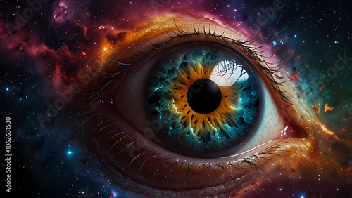 highly detailed close-up image of an eyeball reflecting a vibrant galaxy