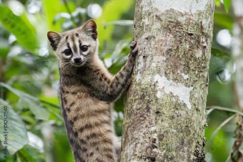 Civet Cat Gracefully Climbing a Tree Trunk photo