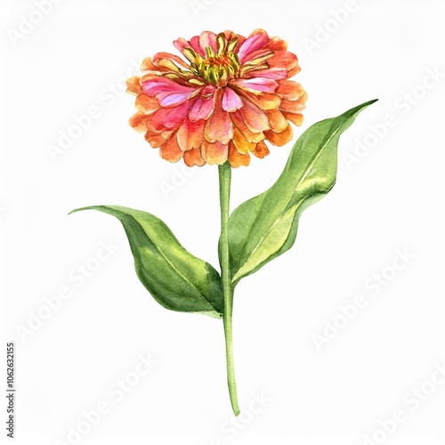 watercolor Zinnia flower branch, isolated on white