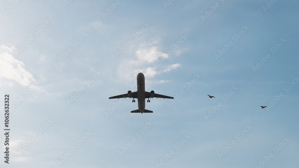 Fototapeta premium ULTRA HD. Airplane flies in blue sky. Travel. Airplane takes off against the background of blue sky. 