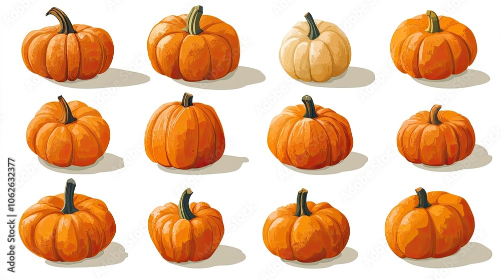 Variety of pumpkins, different perspectives, isolated on white background Variety of pumpkins, different perspectives, isolated on white background