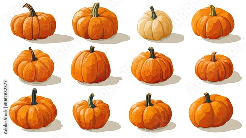 Variety of pumpkins, different perspectives, isolated on white background