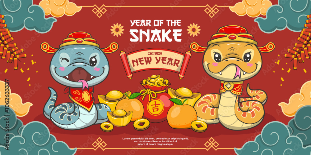 Fototapeta premium Chinese New Year 2025, Year Of The Snake Banner With Cute Zodiac Banner. Cartoon Illustration. Translation - Good Luck