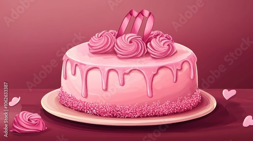 A pink cake with pink frosting and a pink ribbon on top. There are sprinkles on the cake and pink hearts on the table.