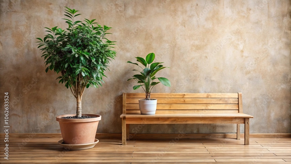 A large potted plant on a wooden bench in a cozy reading nook, outdoor furniture, flowers, nature, cozy space A large potted plant on a wooden bench in a cozy reading nook, outdoor furniture, flowers, nature, cozy space