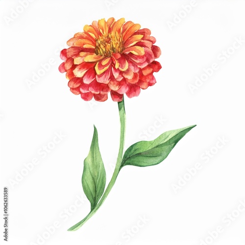 watercolor Zinnia flower branch, isolated on white