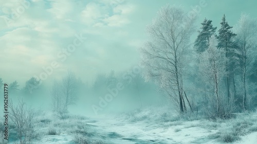 Green landscape of foggy forest on winter hill, frozen taiga with misty atmosphere , green, landscape, foggy, forest, winter