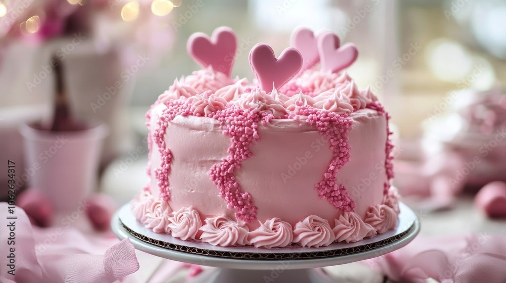Fototapeta premium A pink frosted cake decorated with pink hearts and sprinkles on a cake stand.