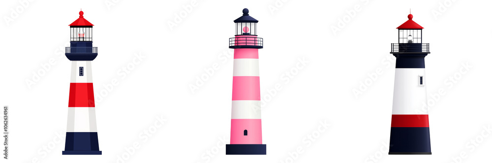 Vibrant and Colorful Lighthouses A Trio of Coastal Beacons Shining Brightly Against the Dark Background Vibrant and Colorful Lighthouses A Trio of Coastal Beacons Shining Brightly Against the Dark Background