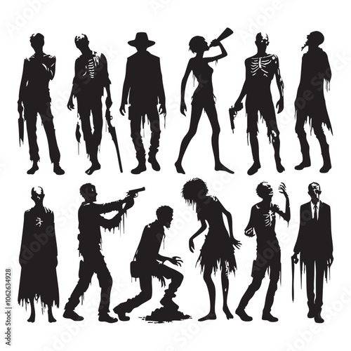 Silhouette set of zombie on white background