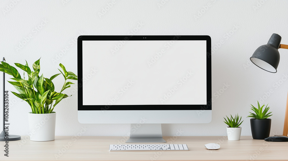 Modern Minimalist Workspace: Clean and contemporary computer desk with blank screen monitor, keyboard, mouse, desk lamp, and potted plants. Perfect for showcasing your website, app, or design project. Modern Minimalist Workspace: Clean and contemporary computer desk with blank screen monitor, keyboard, mouse, desk lamp, and potted plants. Perfect for showcasing your website, app, or design project.