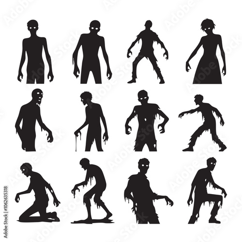 Silhouette set of zombie on white background