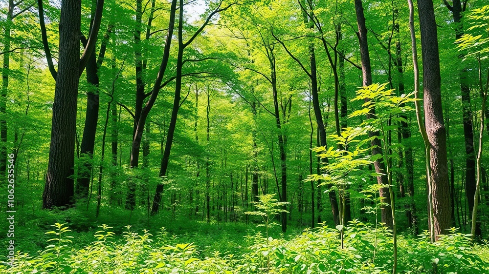 Fototapeta premium A lush green background filled with vibrant leaves on a tree, sustainable, forest
