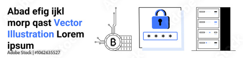 Bitcoin symbol with circuit, lock with password field, and server stacks. Ideal for blockchain security, cryptocurrency, data safety, IT services, fintech, cybersecurity, digital storage. Landing