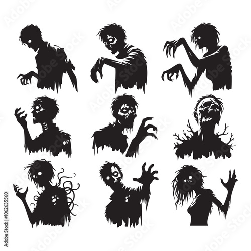 Silhouette set of zombie on white background