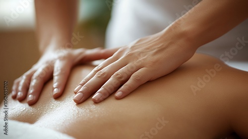 Close-up of a therapist's hands giving a back massage.