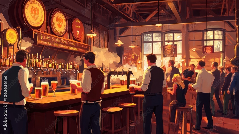 Fototapeta premium A busy pub with patrons enjoying drinks at the bar, a warm atmosphere with wooden beams and exposed brick.