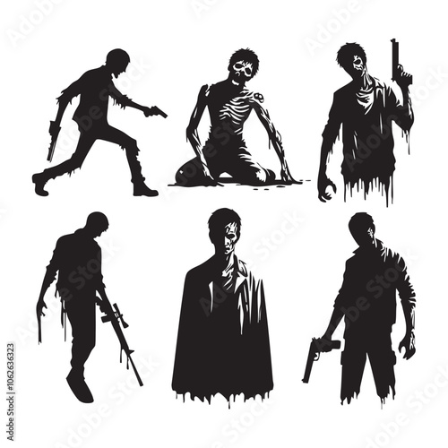 Silhouette set of zombie on white background