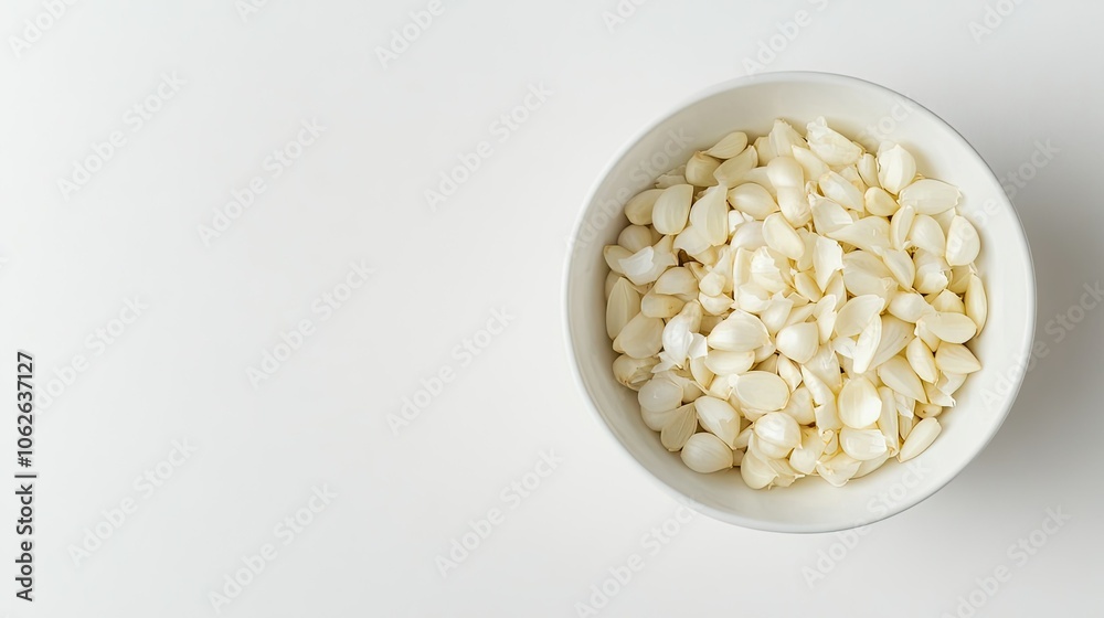 White bowl of fresh garlic, top view, clean white background White bowl of fresh garlic, top view, clean white background