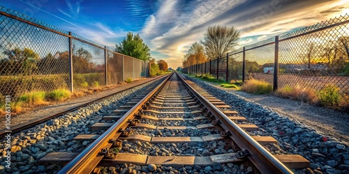 Wide-angle photograph wallpaper of railroad track with fence and wall