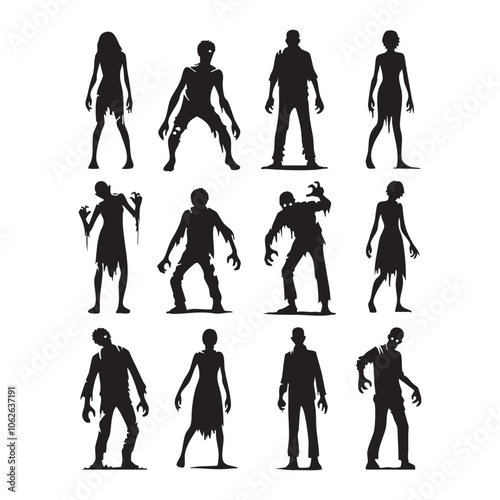 Silhouette set of zombie on white background