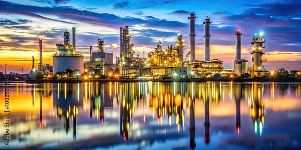 Obraz premium Petrochemical plant glowing at twilight with lights reflecting on water , industry, factory, petrochemical, plant