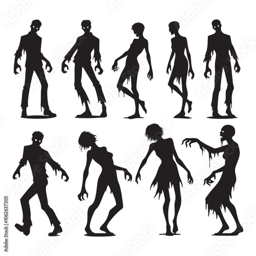Silhouette set of zombie on white background
