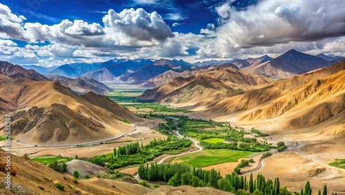 Panoramic view of lush Indus valley from Kardung La pass, Ladakh the alleged highest motorable pass in the world photo