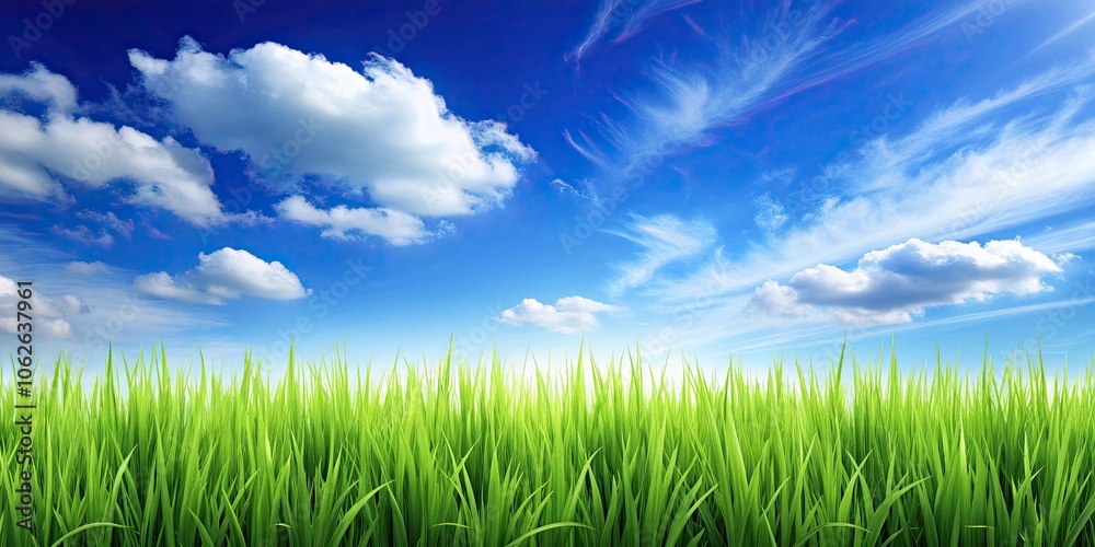 Obraz premium Green grass and blue sky background perfect for nature themed designs, Nature, outdoors, landscape, environment, sunny