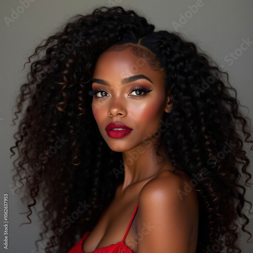 Elegant Model with Voluminous Curly Hair and Red Lipstick in Fashion Portrait