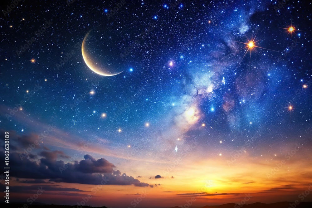 A majestic starry night sky with bright stars and a crescent moon hanging low in the horizon, astronomical objects, celestial bodies A majestic starry night sky with bright stars and a crescent moon hanging low in the horizon, astronomical objects, celestial bodies
