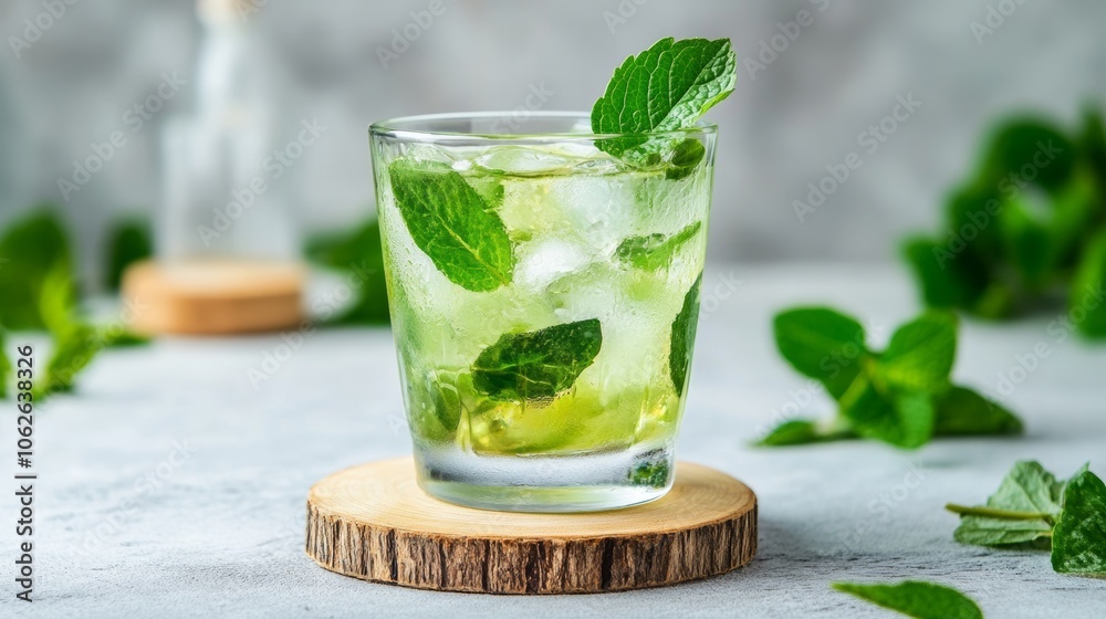 Refreshing green drink garnished with mint leaves on a wooden coaster in a cozy setting Refreshing green drink garnished with mint leaves on a wooden coaster in a cozy setting