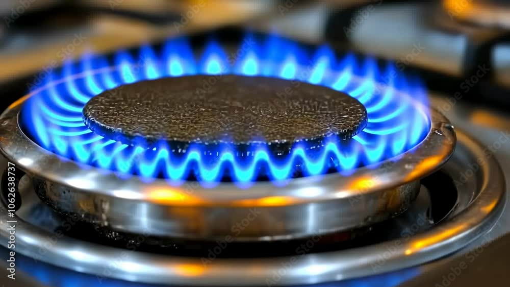 Blue Gas Flame Burning on a Stovetop, fire, burner, kitchen, heat, energy