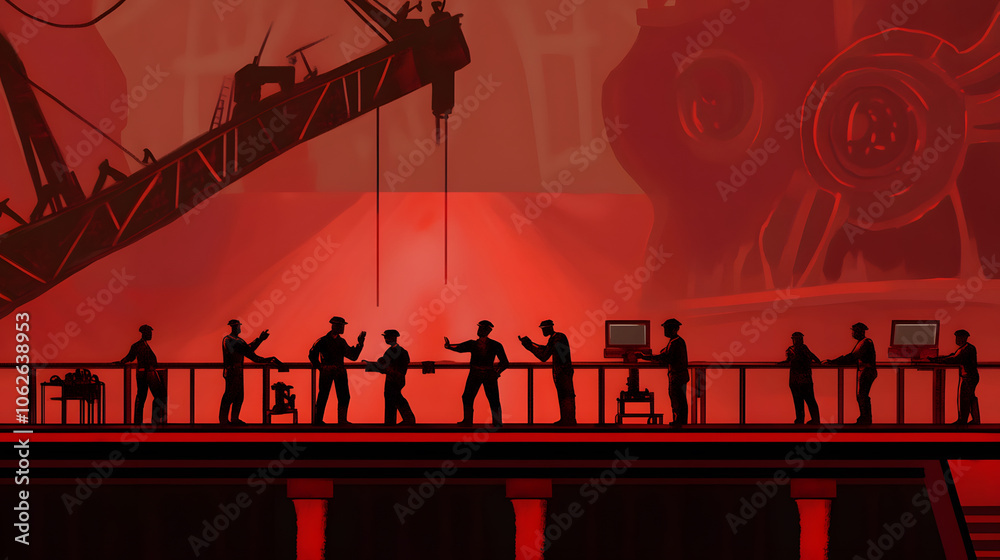 Naklejka premium A dynamic scene featuring silhouetted figures interacting against a bold red industrial backdrop, suggesting collaboration and activity.