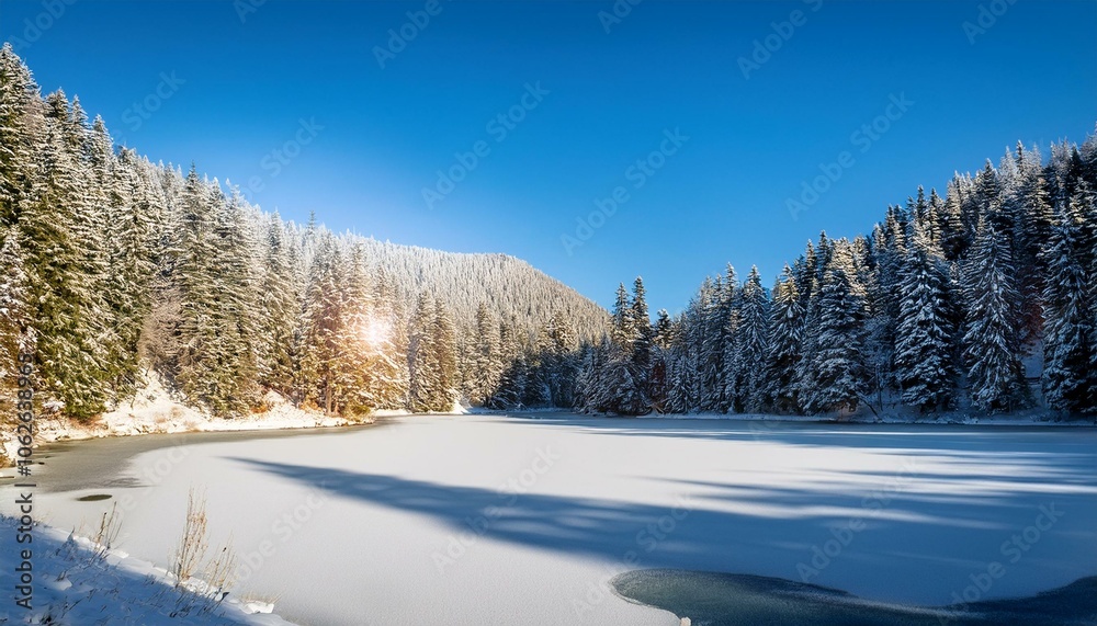 Frozen Lake with Evergreen Forest Frozen Lake with Evergreen Forest