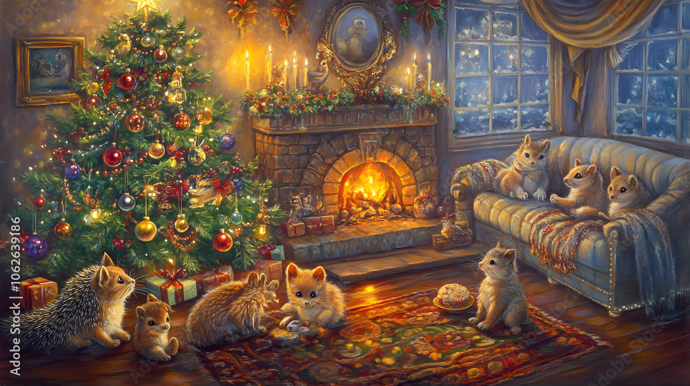 Fototapeta premium A cozy Christmas scene featuring adorable pets around a decorated tree, glowing fireplace, and festive decorations.