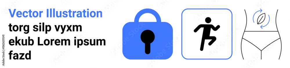 Padlock symbolizing security, running figure denoting fitness, and waist measuring icon for health. Ideal for health apps, fitness programs, data security, privacy awareness, online fitness coaching Padlock symbolizing security, running figure denoting fitness, and waist measuring icon for health. Ideal for health apps, fitness programs, data security, privacy awareness, online fitness coaching
