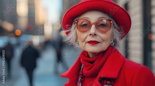 Elderly woman in red outfit and accessories posing on city street. Generative AI image