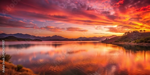 A maroon colored sunset with a lake and surrounding hills in the background, reflection, horizon
